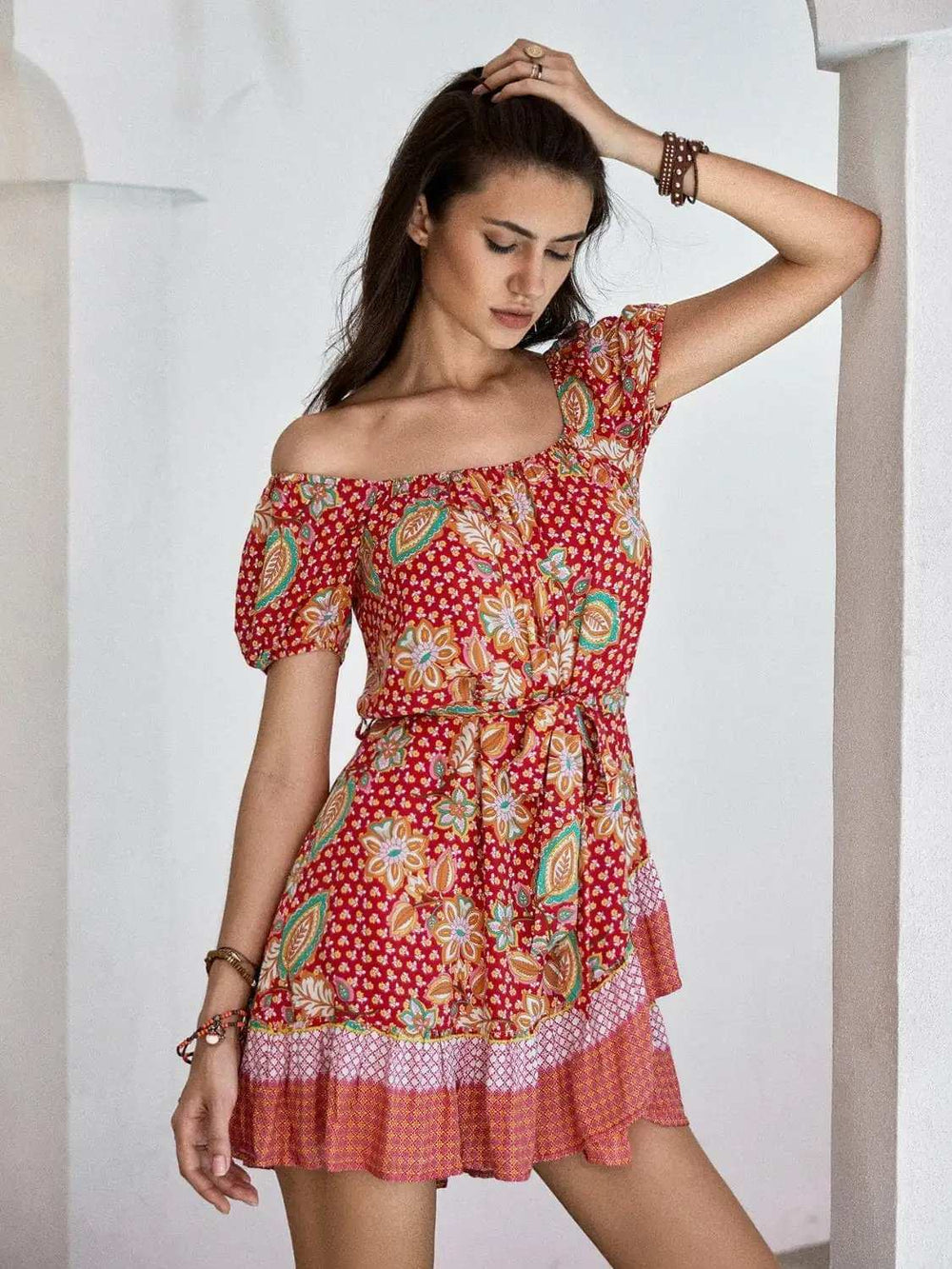Printed Short Sleeve Tie Waist Mini Dress - Trendsi - Flyclothing LLC