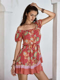 Printed Short Sleeve Tie Waist Mini Dress - Trendsi - Flyclothing LLC