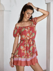 Printed Short Sleeve Tie Waist Mini Dress - Trendsi
