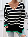 Striped V-Neck Long Sleeve Knit Top - Trendsi - Flyclothing LLC