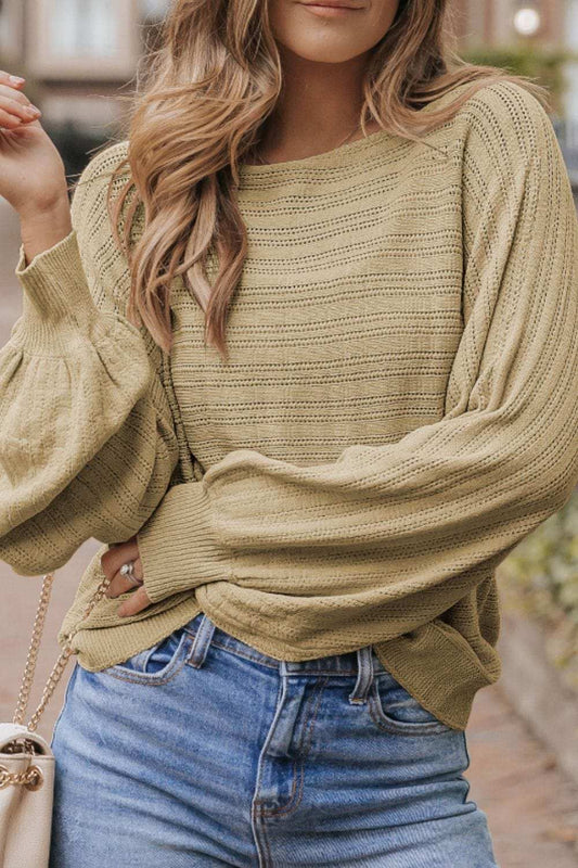 Eyelet Boat Neck Long Sleeve Knit Top - Trendsi - Flyclothing LLC
