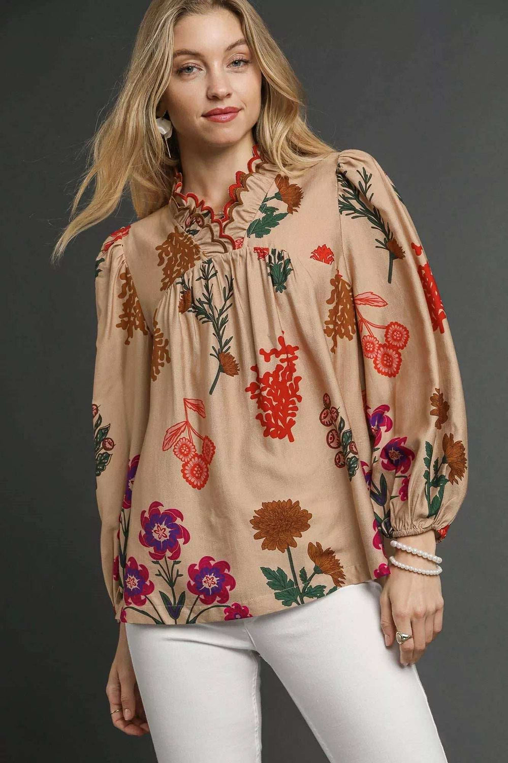 Umgee Flower Print Blouse with Scalloped Neckline - Trendsi - Flyclothing LLC