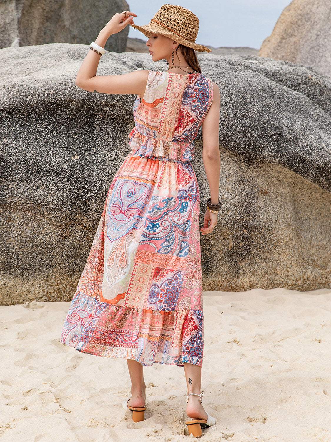 Printed V-Neck Top and Midi Skirt Set - Trendsi - Flyclothing LLC