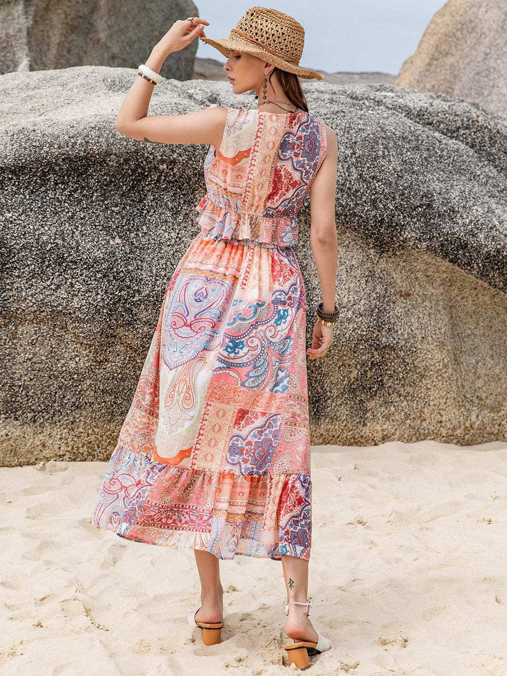Printed V-Neck Top and Midi Skirt Set - Trendsi - Flyclothing LLC