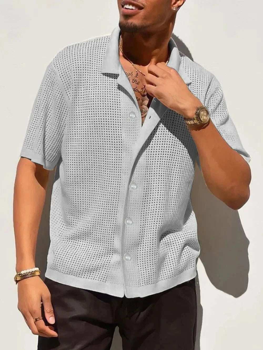 Men's Full Size Openwork Button Down Collared Neck Shirt Plus Size - Trendsi - Flyclothing LLC