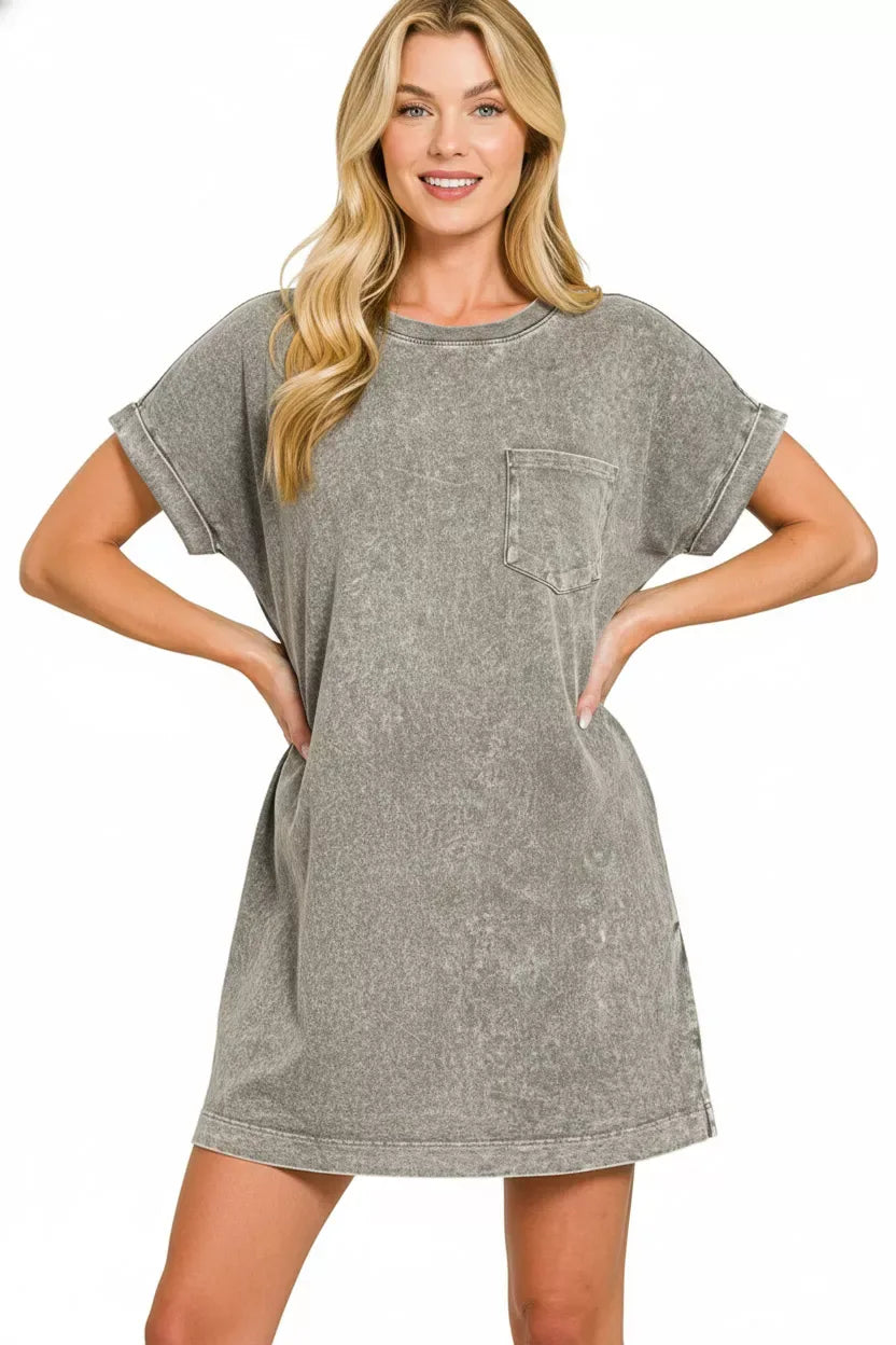 Zenana Halo Washed Premium Cotton T-Shirts Dress - Trendsi - Flyclothing LLC