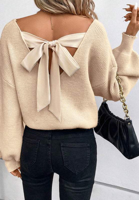 Tied Back V-Neck Long Sleeve Sweater - Trendsi - Flyclothing LLC