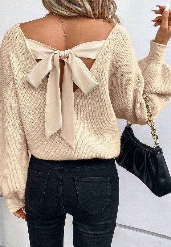 Tied Back V-Neck Long Sleeve Sweater - Trendsi - Flyclothing LLC