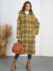Plaid Double-Breasted Long Sleeve Longline Coat - Trendsi