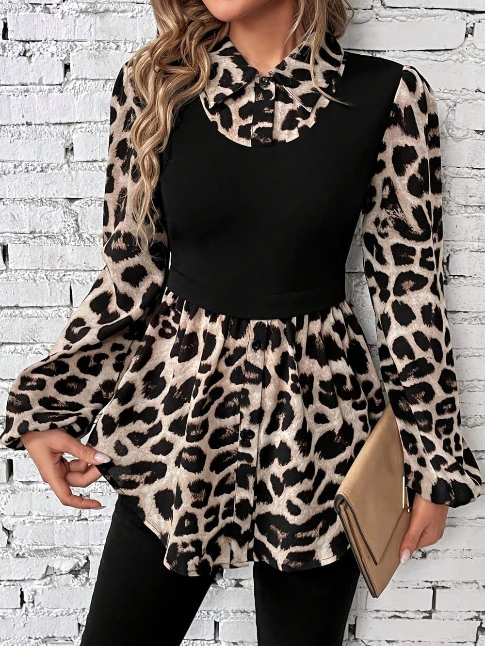 Leopard Collared Neck Balloon Sleeve Blouse - Trendsi