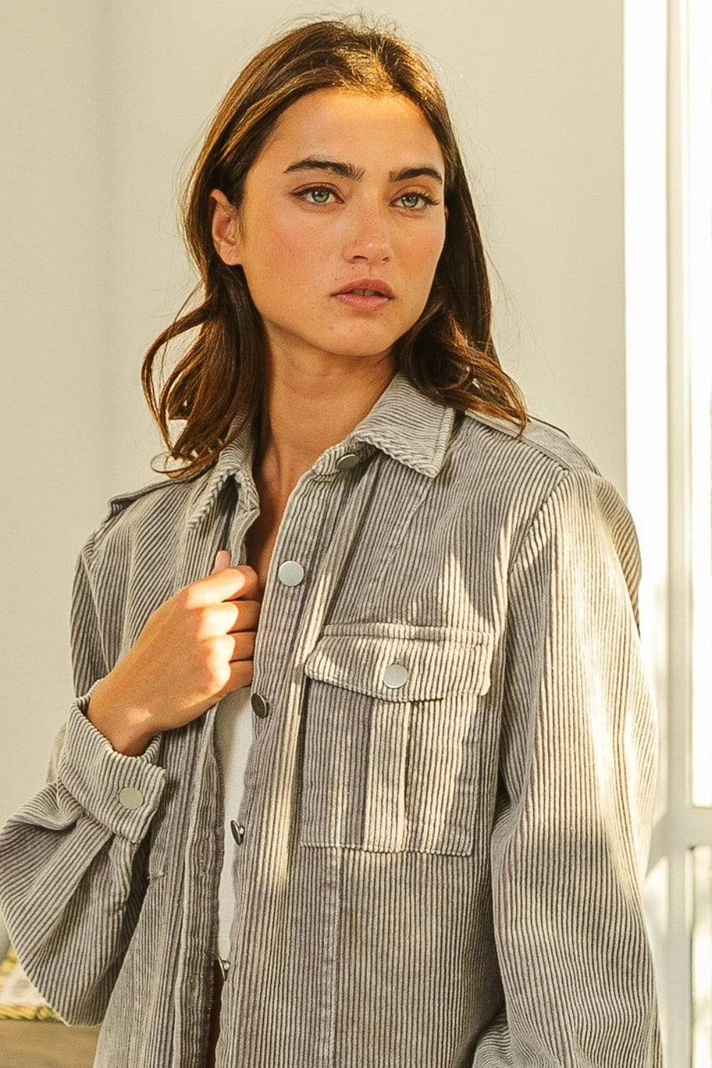 BiBi Button Up Corduroy Shacket - Trendsi - Flyclothing LLC