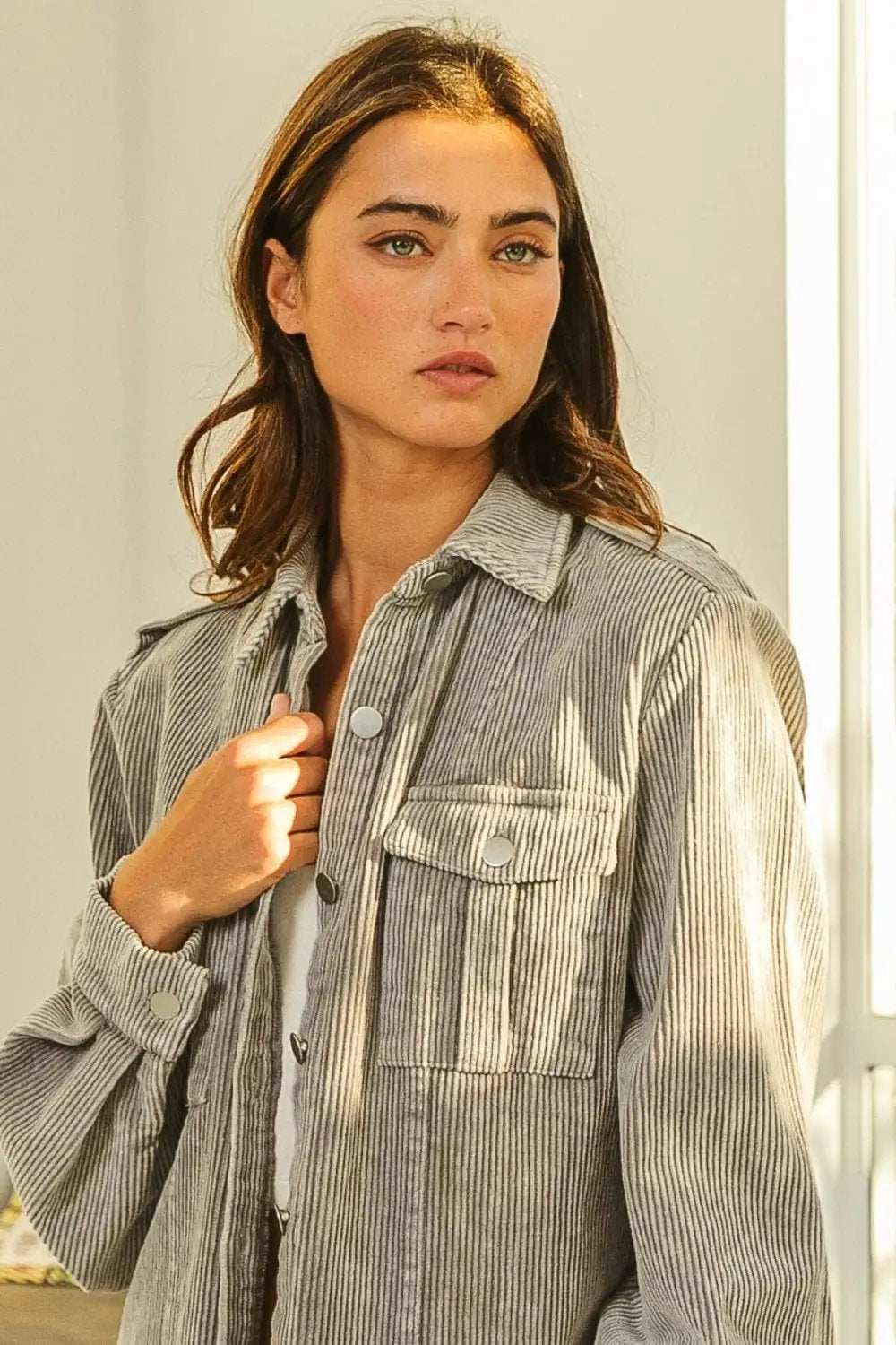 BiBi Button Up Corduroy Shacket - Trendsi - Flyclothing LLC
