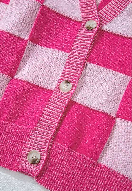 Checkered V-Neck Long Sleeve Cardigan - Trendsi - Flyclothing LLC