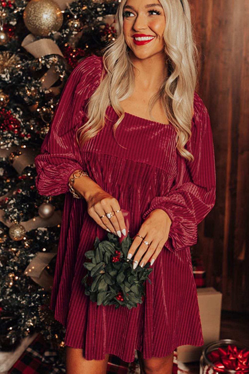 Square Neck Long Sleeve Mini Dress - Trendsi - Flyclothing LLC