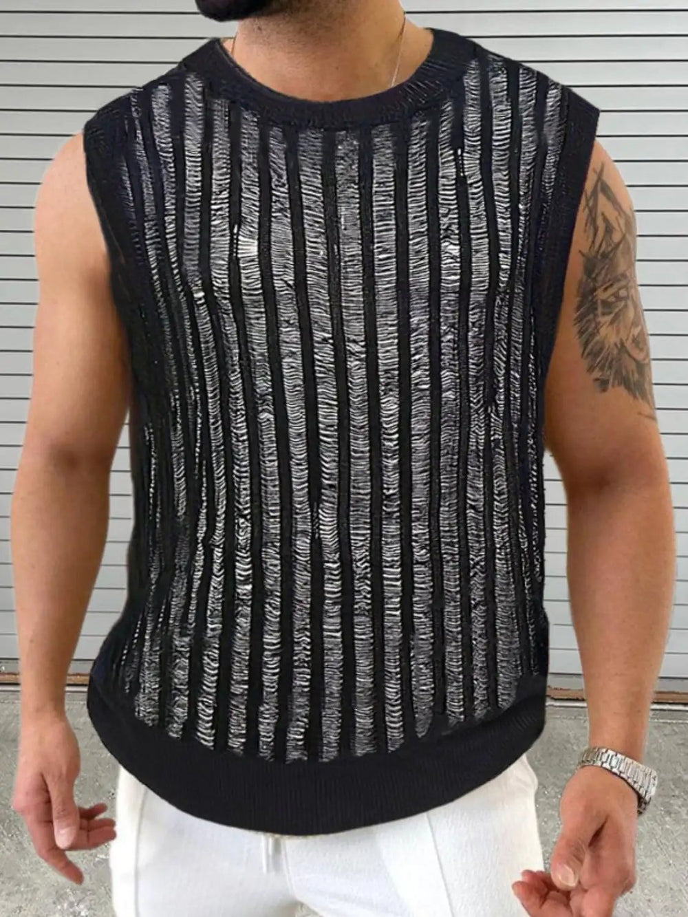 Men's Round Neck Hollow Out Sleeveless Top - Trendsi