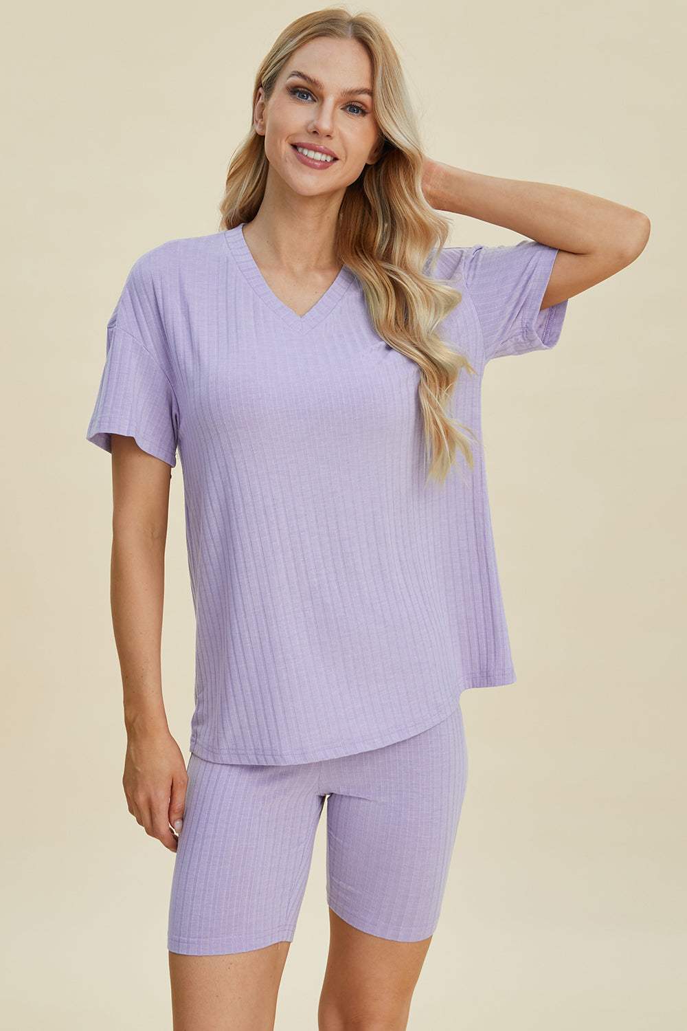 Basic Bae Full Size Ribbed V-Neck Short Sleeve Top and Shorts Set - Trendsi - Flyclothing LLC