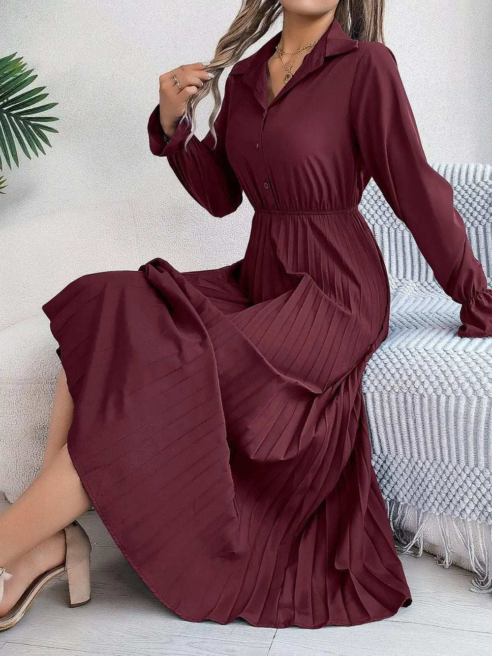 Pleated Half Button Long Sleeve Midi Dress - Trendsi - Flyclothing LLC