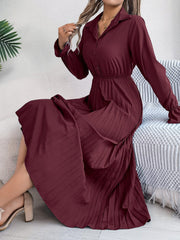 Pleated Half Button Long Sleeve Midi Dress - Trendsi