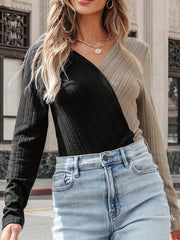 Contrast Surplice Long Sleeve T-Shirt - Trendsi