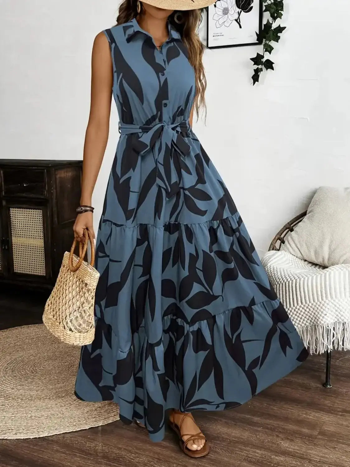 Printed Tie Waist Sleeveless Maxi Dress - Trendsi - Flyclothing LLC