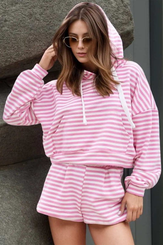 Drawstring Striped Hooded Top and Shorts Set - Trendsi - Flyclothing LLC