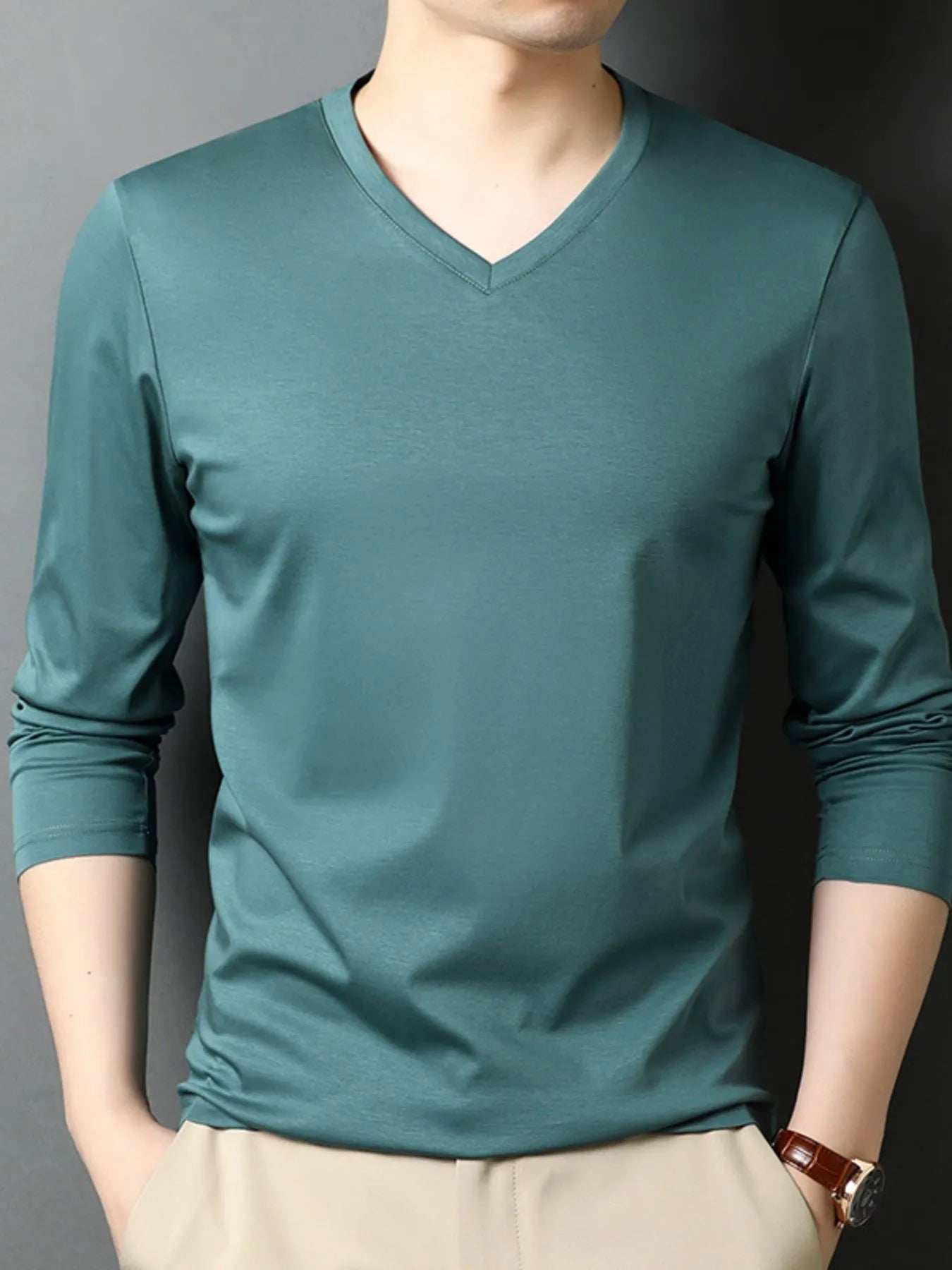 Men's V-Neck Long Sleeve T-Shirt - Trendsi - Flyclothing LLC