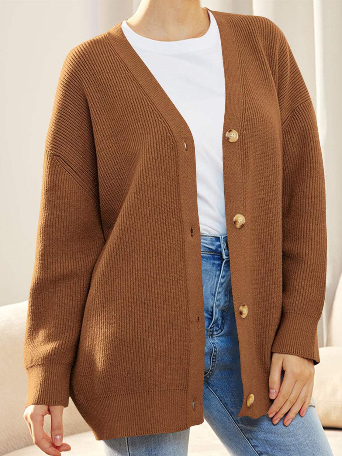 Button Down V-Neck Long Sleeve Cardigan - Trendsi - Flyclothing LLC