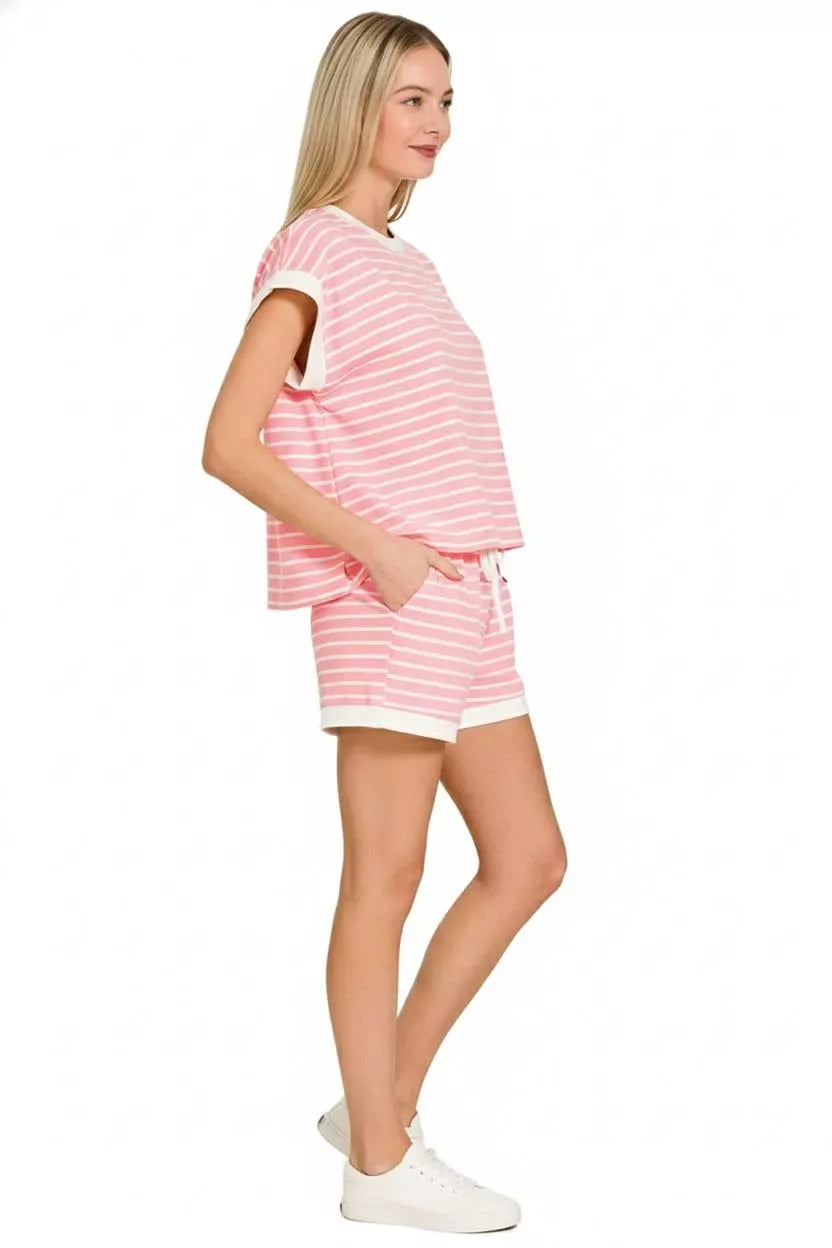 Zenana Stripe Contrast Trim Top & Shorts Set - Trendsi - Flyclothing LLC
