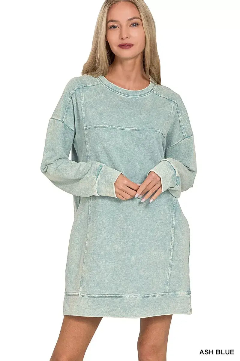 Zenana French Terry Acid Washed Dress with Pockets - Trendsi - Flyclothing LLC
