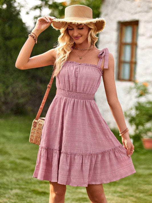 Square Neck Tie Shoulder Mini Dress - Trendsi - Flyclothing LLC