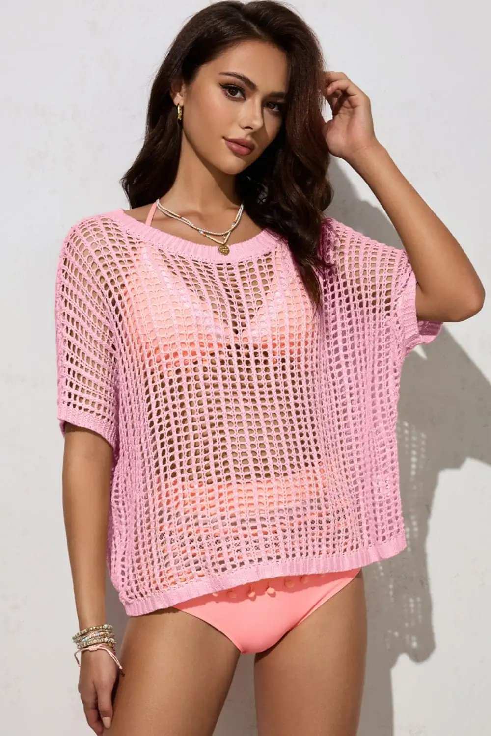 Openwork Round Neck Half Sleeve Knit Cover Up - Trendsi - Flyclothing LLC