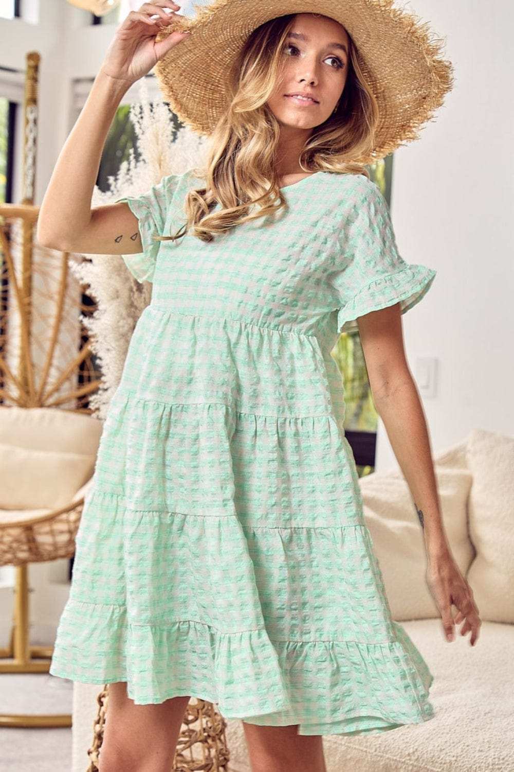 BiBi Ruffled Hem Short Sleeve Tiered Dress - Trendsi - Flyclothing LLC