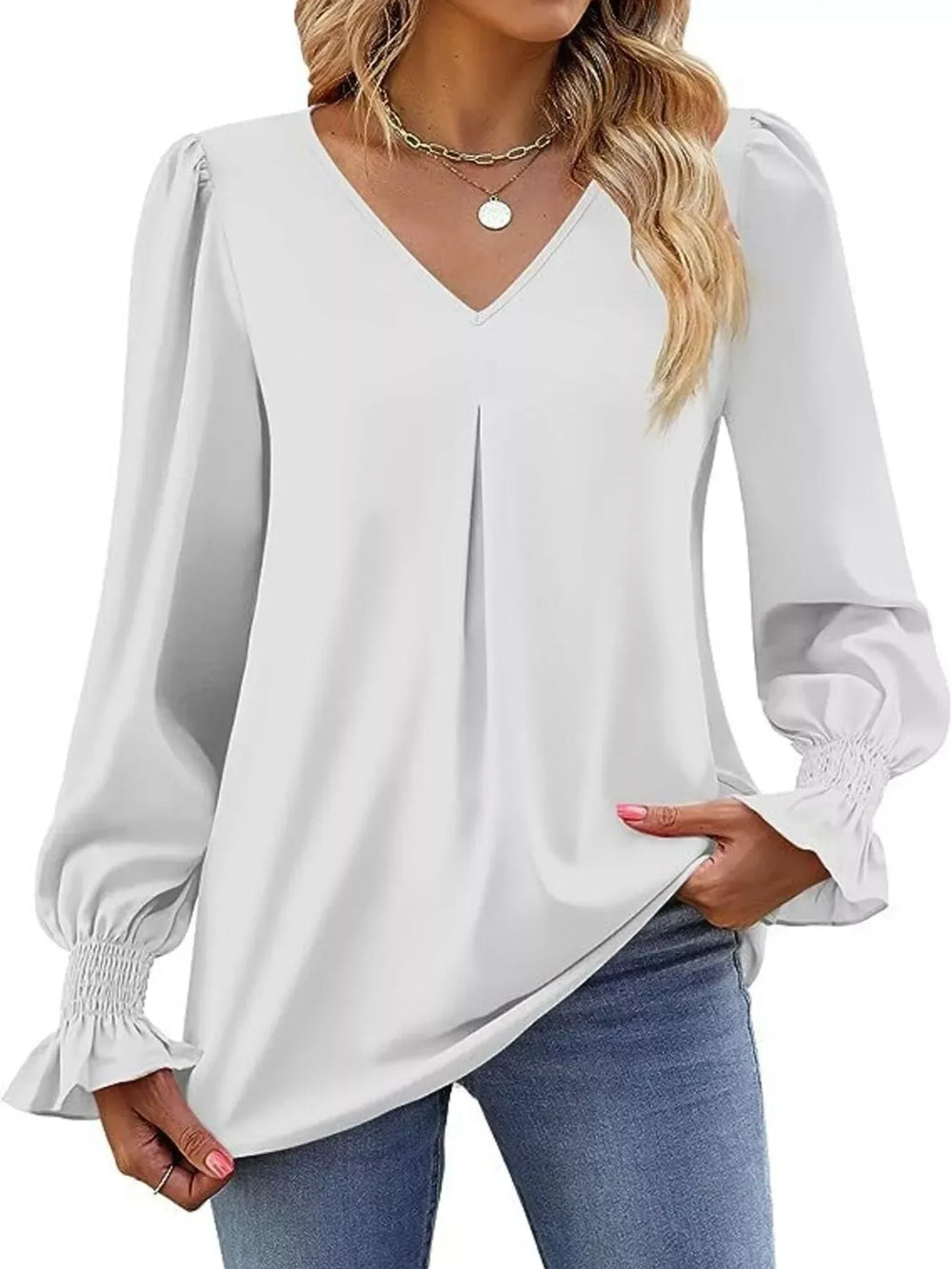 V-Neck Long Sleeve Ruffle Cuff Blouse - Trendsi - Flyclothing LLC