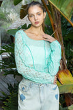 POL Exposed Seam Long Sleeve Lace Knit Top - Trendsi