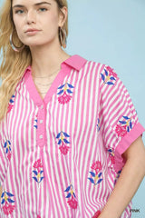 Umgee Stripe Embroidered Button-Front Boho Blouse - Trendsi - Flyclothing LLC