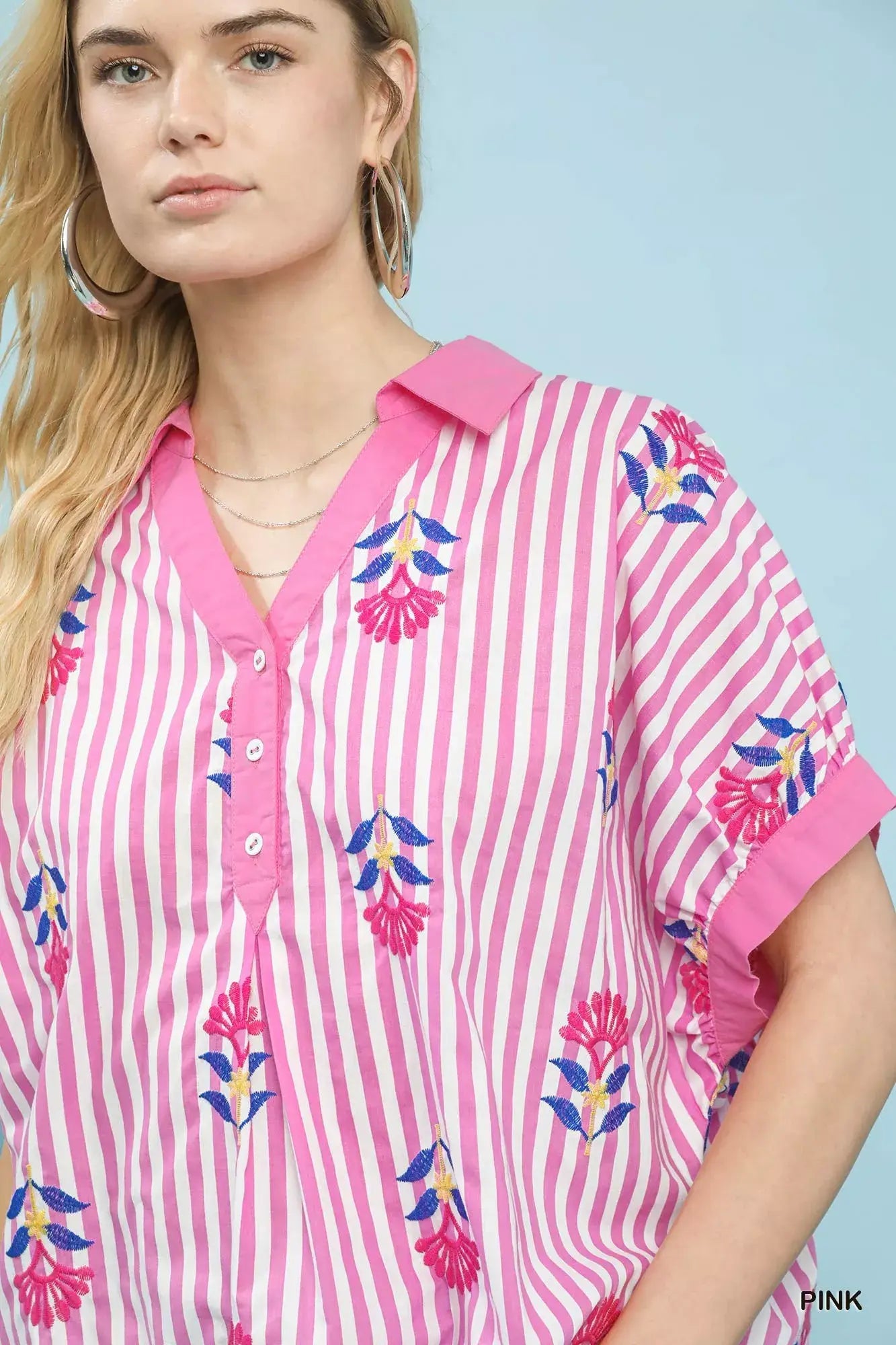 Umgee Stripe Embroidered Button-Front Boho Blouse - Trendsi - Flyclothing LLC