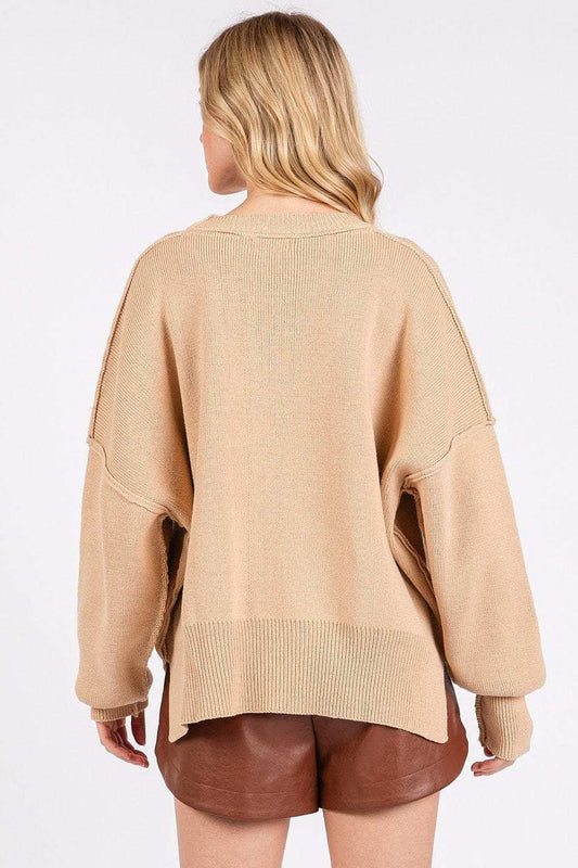 Mittoshop Side Slit Round Neck Drop Shoulder Sweater - Trendsi - Flyclothing LLC