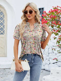 Ruched Printed Notched Short Sleeve Blouse - Trendsi - Flyclothing LLC