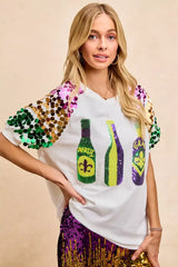 BiBi Sequin Mardi Gras Bottles Spangled Sleeve Top - Trendsi - Flyclothing LLC