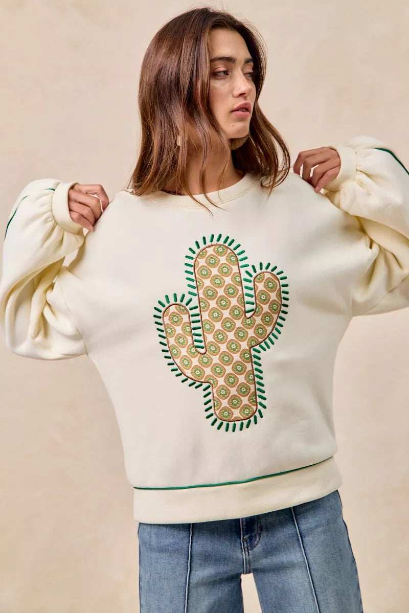 BiBi Cactus Embroidered Fleece Sweatshirt - Trendsi - Flyclothing LLC