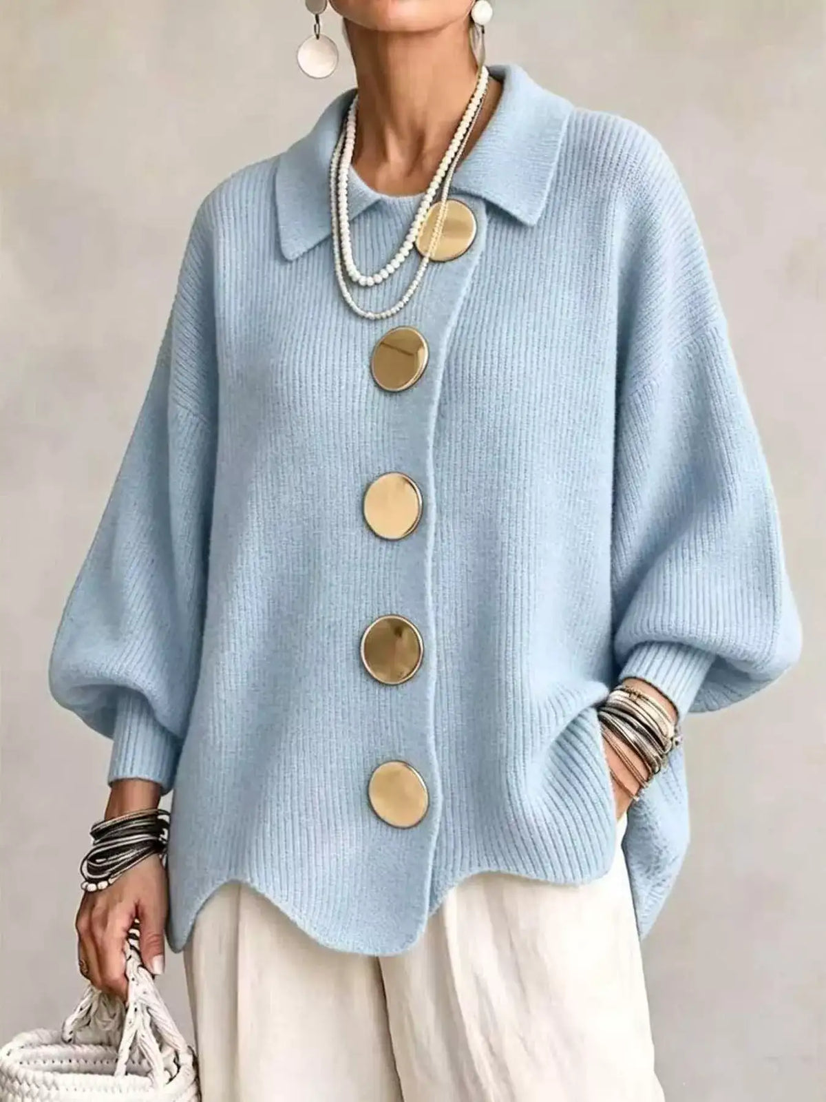 Full Size Gold Buttons Lantern Sleeve Cardigan Plus Size - Trendsi - Flyclothing LLC