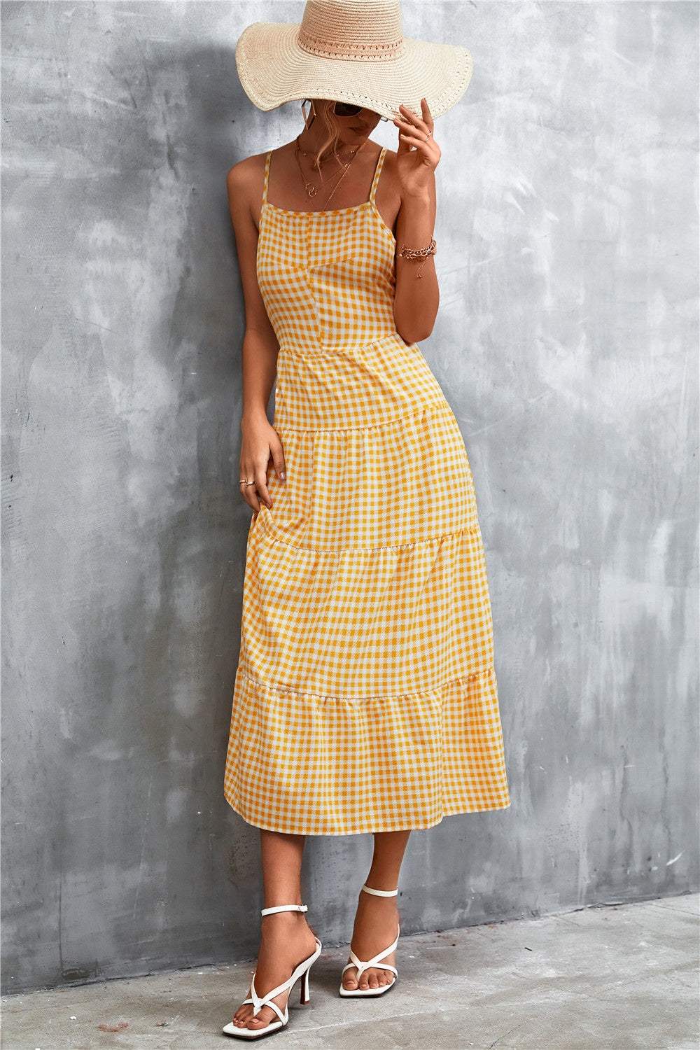 Plaid Square Neck Midi Cami Dress - Trendsi - Flyclothing LLC