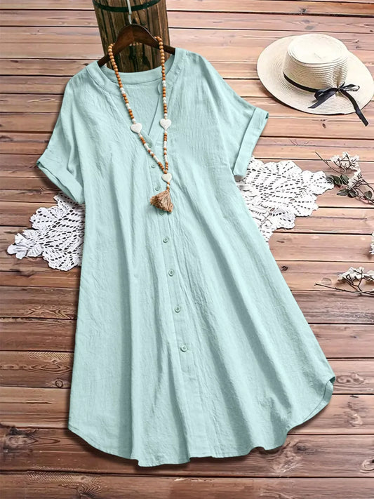 Plus Size Casual Button-Down Short Sleeve Dress - Trendsi - Flyclothing LLC