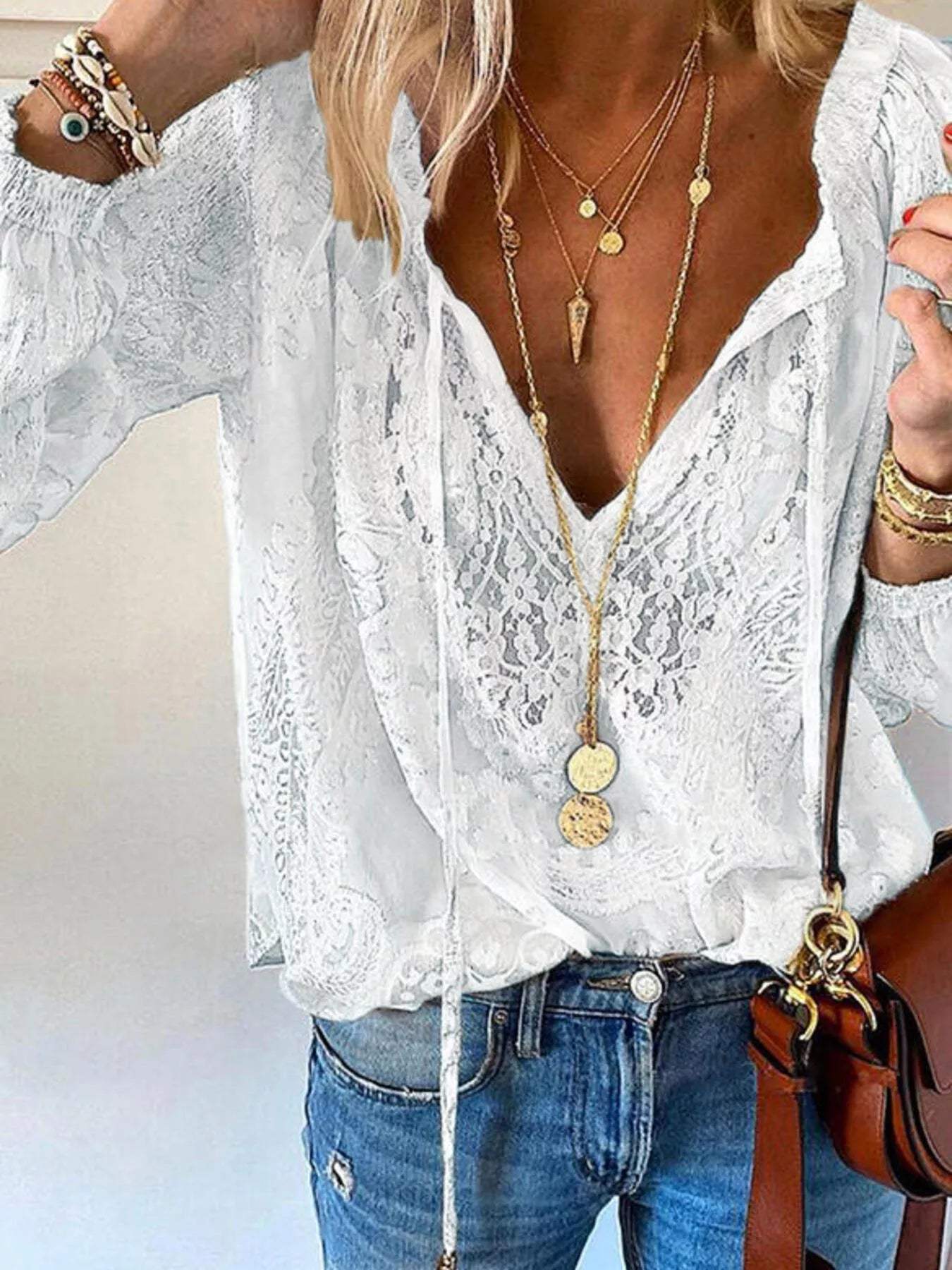 Lace Tie-Neck Blouse - Trendsi - Flyclothing LLC
