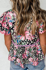 Printed Notched Short Sleeve Blouse - Trendsi - Flyclothing LLC