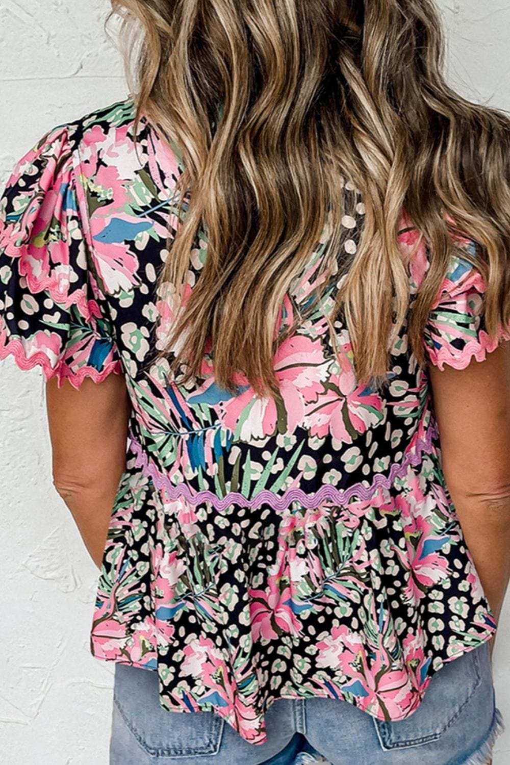 Printed Notched Short Sleeve Blouse - Trendsi - Flyclothing LLC