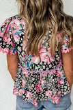 Printed Notched Short Sleeve Blouse - Trendsi