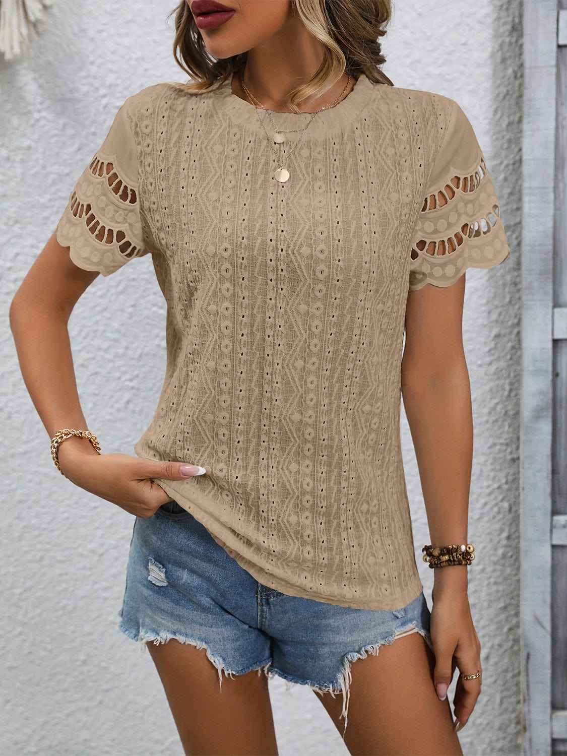 Full Size Eyelet Round Neck Short Sleeve Top - Trendsi