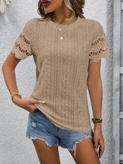 Full Size Eyelet Round Neck Short Sleeve Top - Trendsi