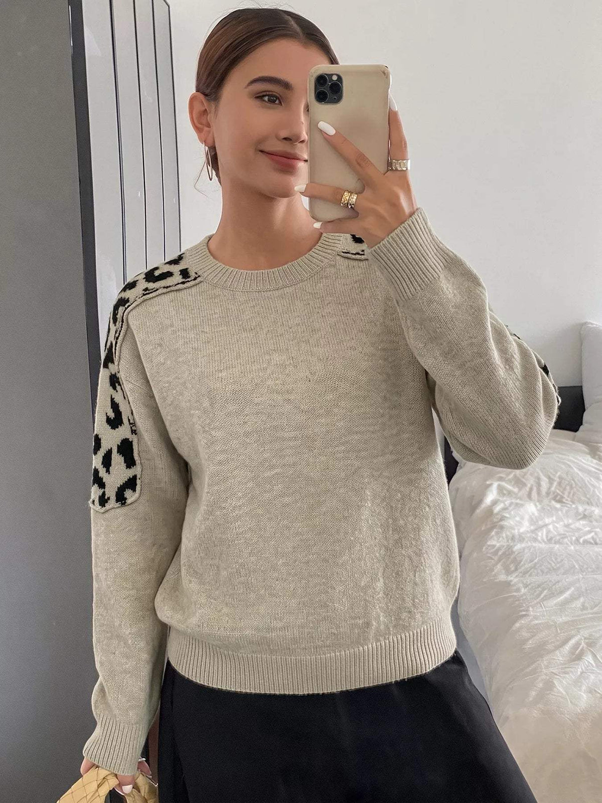 Leopard Round Neck Sweater - Trendsi - Flyclothing LLC